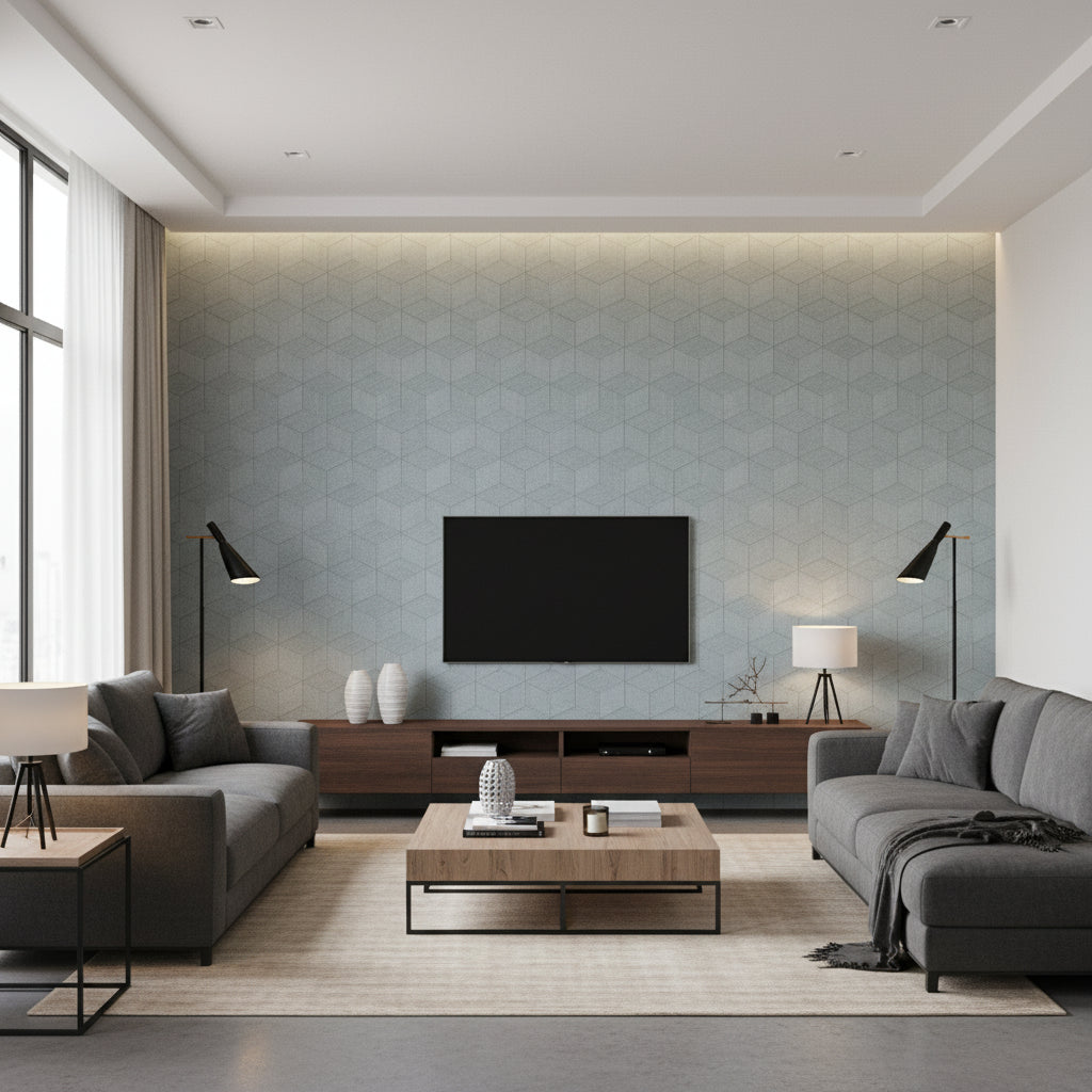 Milano Square Spa Blue Spa Blue | Thibaut - Living Room Visualization (AI-generated, may not be to scale. Verify pattern scale with product specifications.)