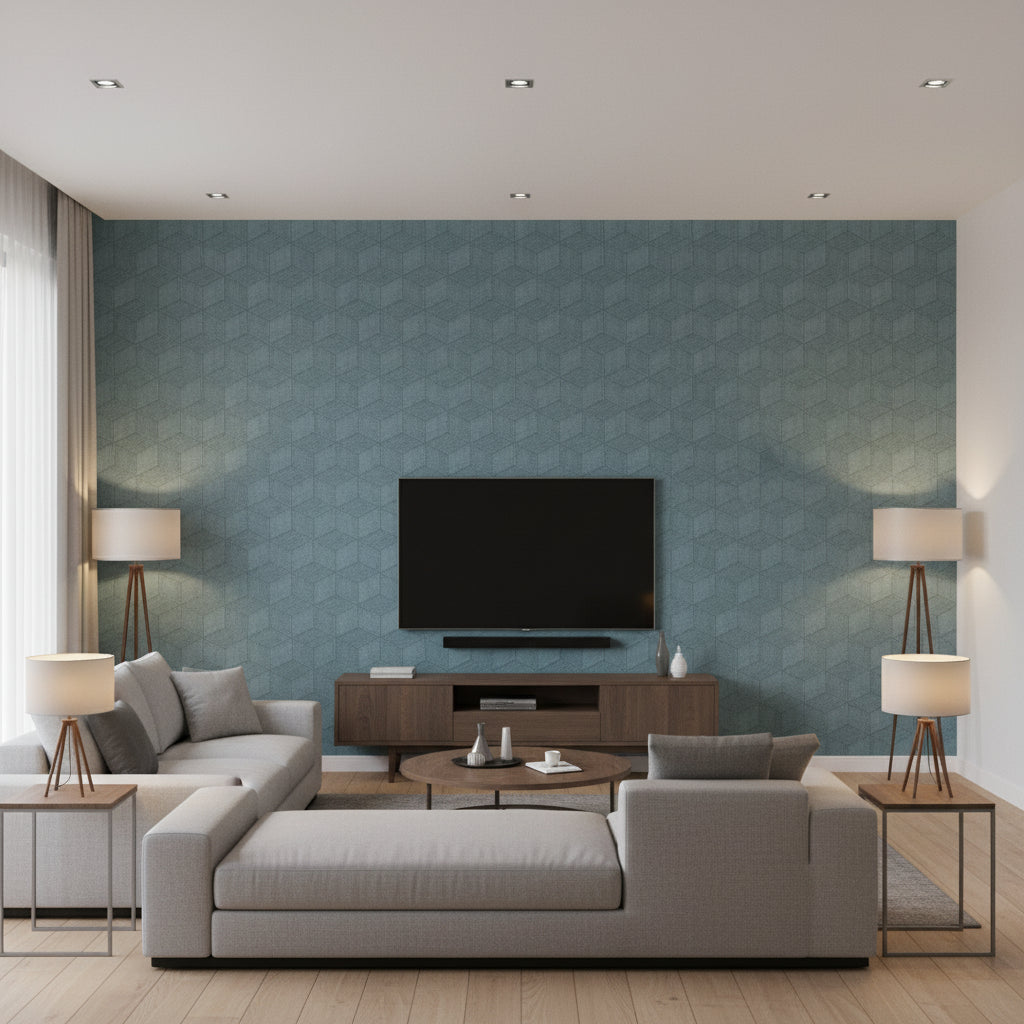 Milano Square Mineral Mineral | Thibaut - Living Room Visualization (AI-generated, may not be to scale. Verify pattern scale with product specifications.)
