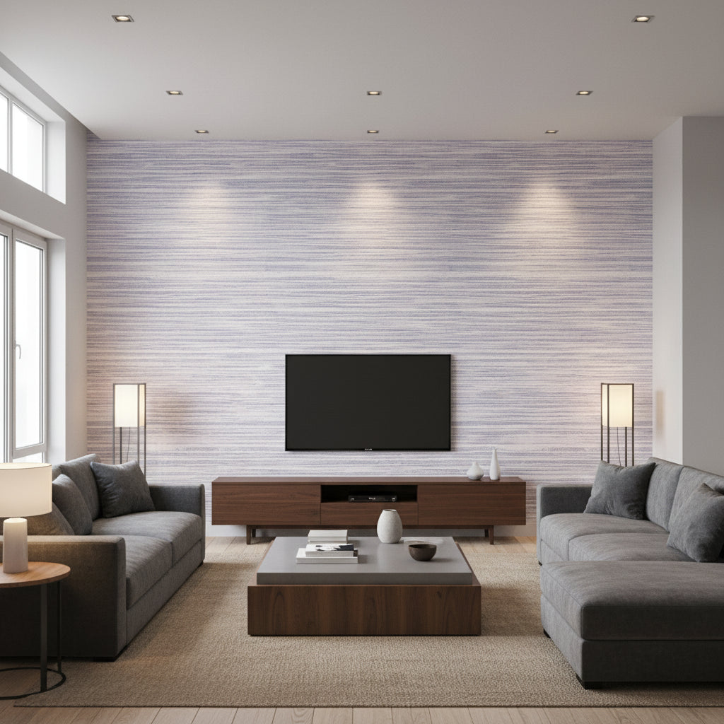Morada Bay Lavender Lavender | Thibaut - Living Room Visualization (AI-generated, may not be to scale. Verify pattern scale with product specifications.)