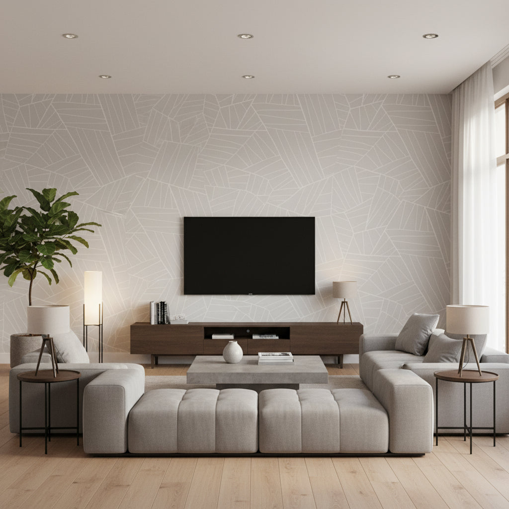 Jordan Nickel ivory | Thibaut - Living Room Visualization (AI-generated, may not be to scale. Verify pattern scale with product specifications.)