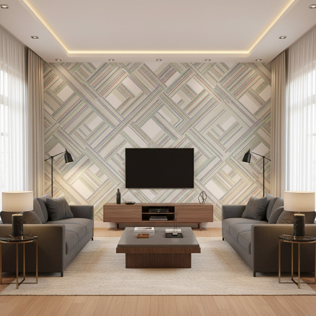 Telaio Brights | Thibaut - Living Room Visualization (AI-generated, may not be to scale. Verify pattern scale with product specifications.)