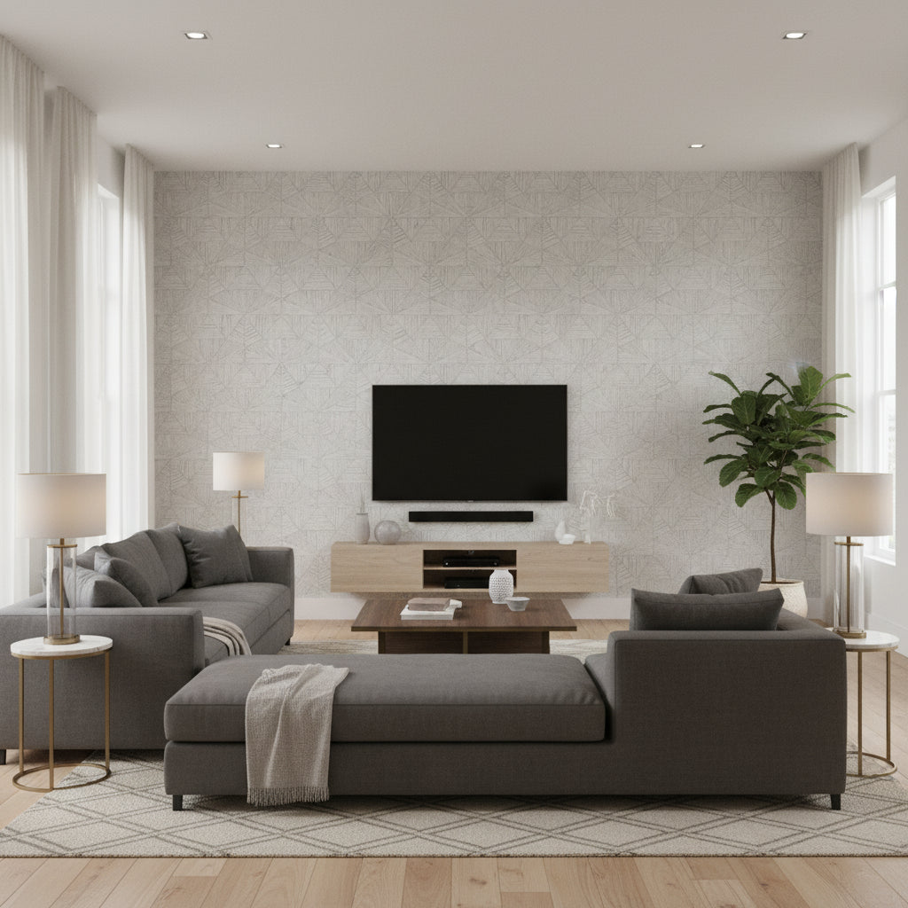 Crystalla Grey Grey | Thibaut - Living Room Visualization (AI-generated, may not be to scale. Verify pattern scale with product specifications.)
