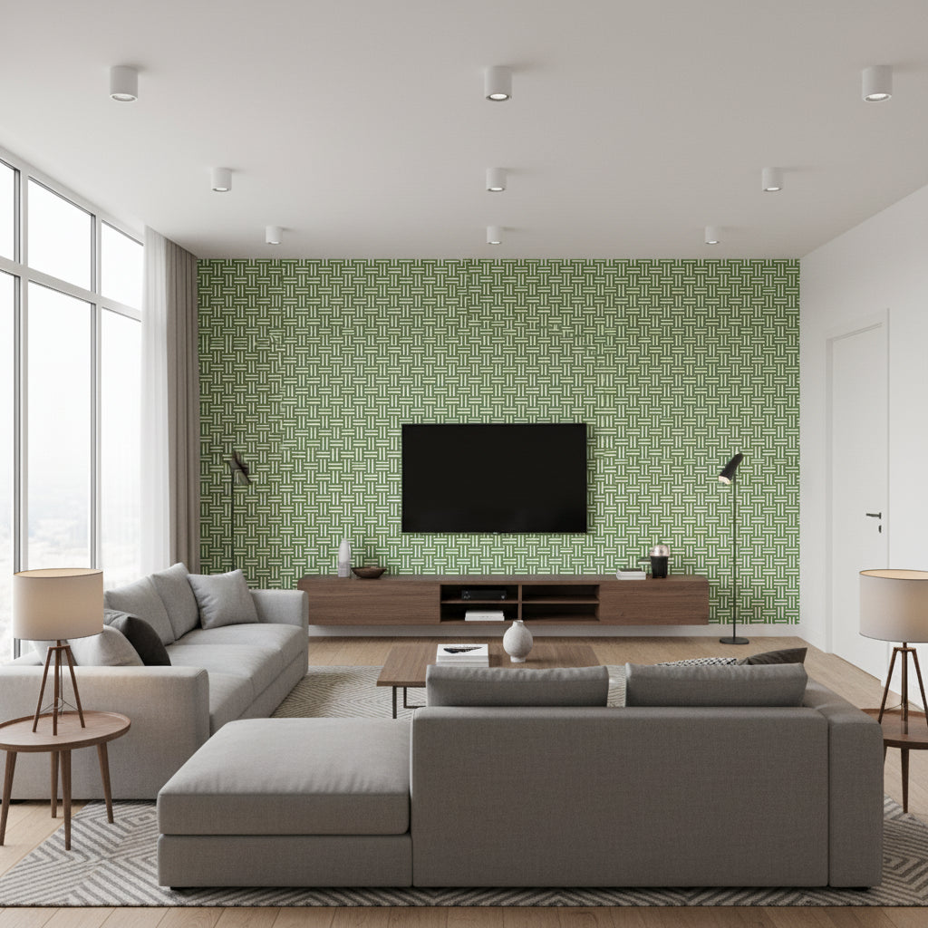 T10620 | Thibaut - Living Room Visualization (AI-generated, may not be to scale. Verify pattern scale with product specifications.)