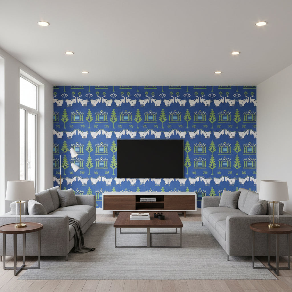 T10642 | Thibaut - Living Room Visualization (AI-generated, may not be to scale. Verify pattern scale with product specifications.)