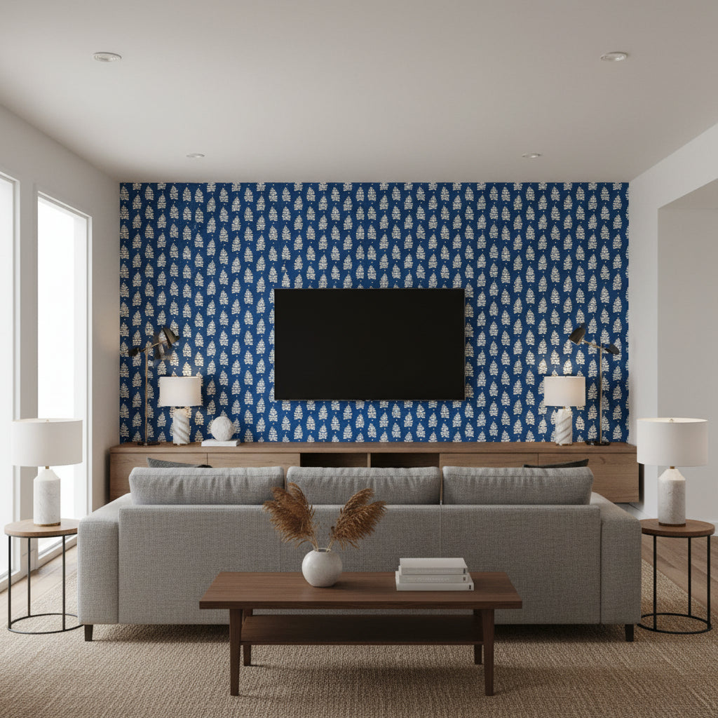 T10651 | Thibaut - Living Room Visualization (AI-generated, may not be to scale. Verify pattern scale with product specifications.)