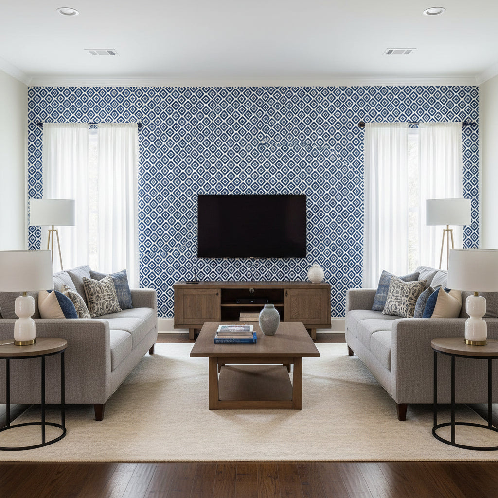 T10660 | Thibaut - Living Room Visualization (AI-generated, may not be to scale. Verify pattern scale with product specifications.)