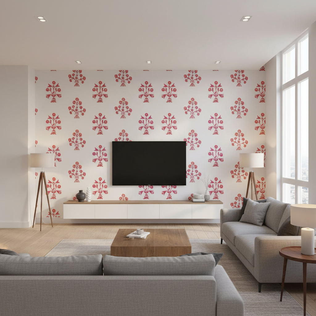 T10667 | Thibaut - Living Room Visualization (AI-generated, may not be to scale. Verify pattern scale with product specifications.)