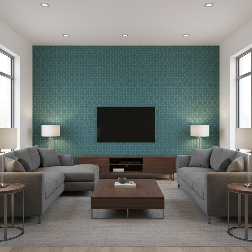 Zion Teal | Thibaut - Living Room Visualization (AI-generated, may not be to scale. Verify pattern scale with product specifications.)