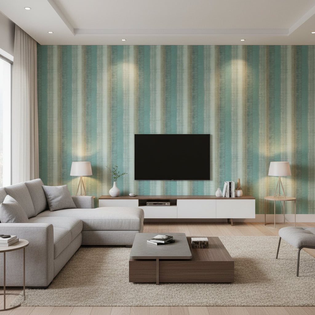 Painted Desert Teal | Thibaut - Living Room Visualization (AI-generated, may not be to scale. Verify pattern scale with product specifications.)