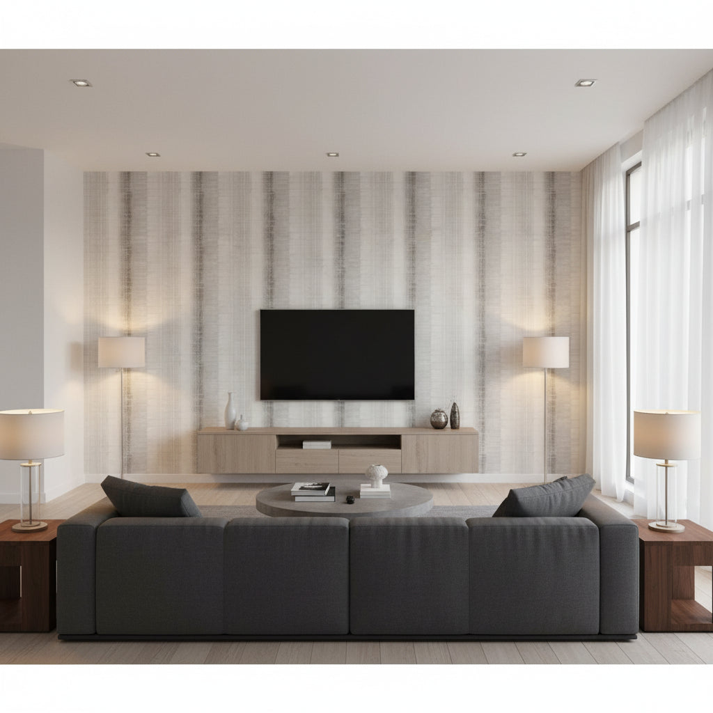 Painted Desert Light Grey | Thibaut - Living Room Visualization (AI-generated, may not be to scale. Verify pattern scale with product specifications.)