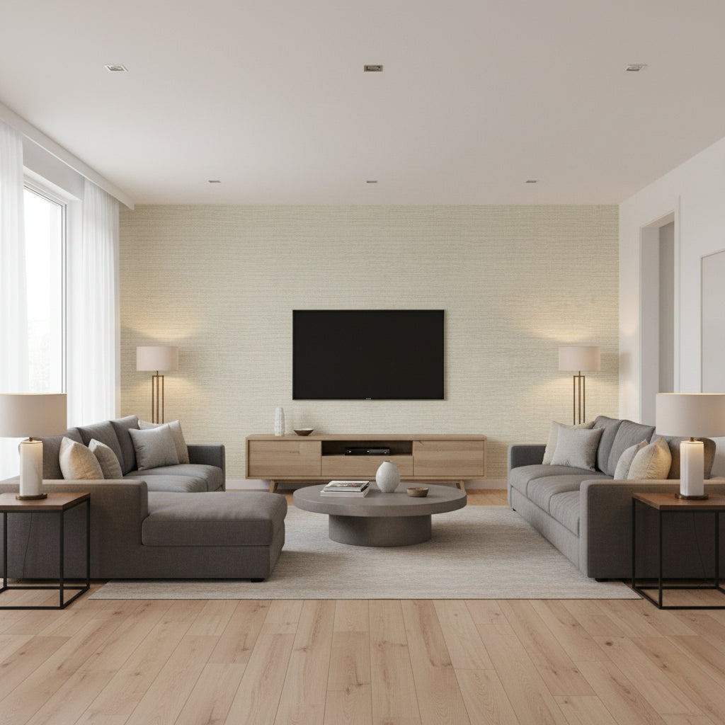 Prairie Weave Blonde | Thibaut - Living Room Visualization (AI-generated, may not be to scale. Verify pattern scale with product specifications.)