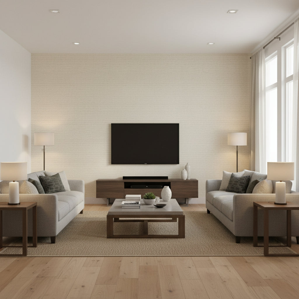 Prairie Weave Cream | Thibaut - Living Room Visualization (AI-generated, may not be to scale. Verify pattern scale with product specifications.)
