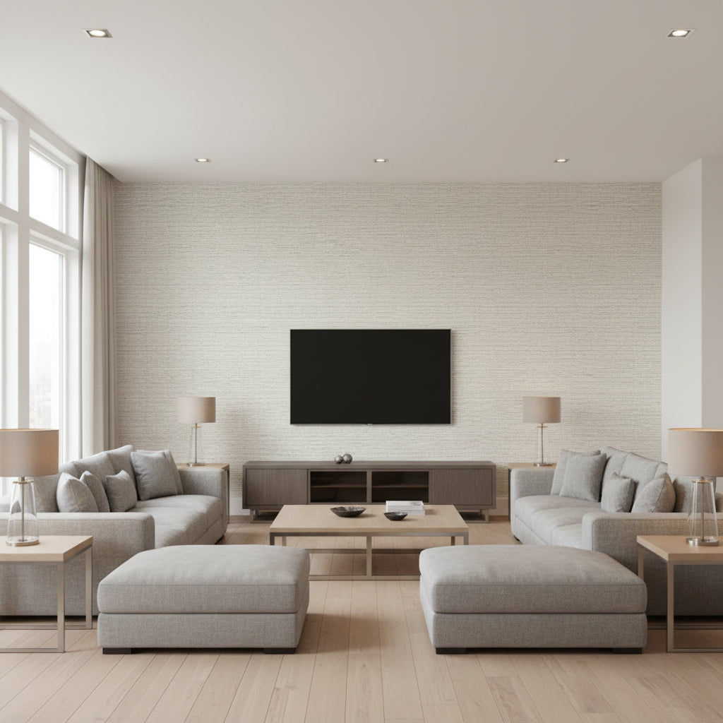 Prairie Weave Sterling | Thibaut - Living Room Visualization (AI-generated, may not be to scale. Verify pattern scale with product specifications.)