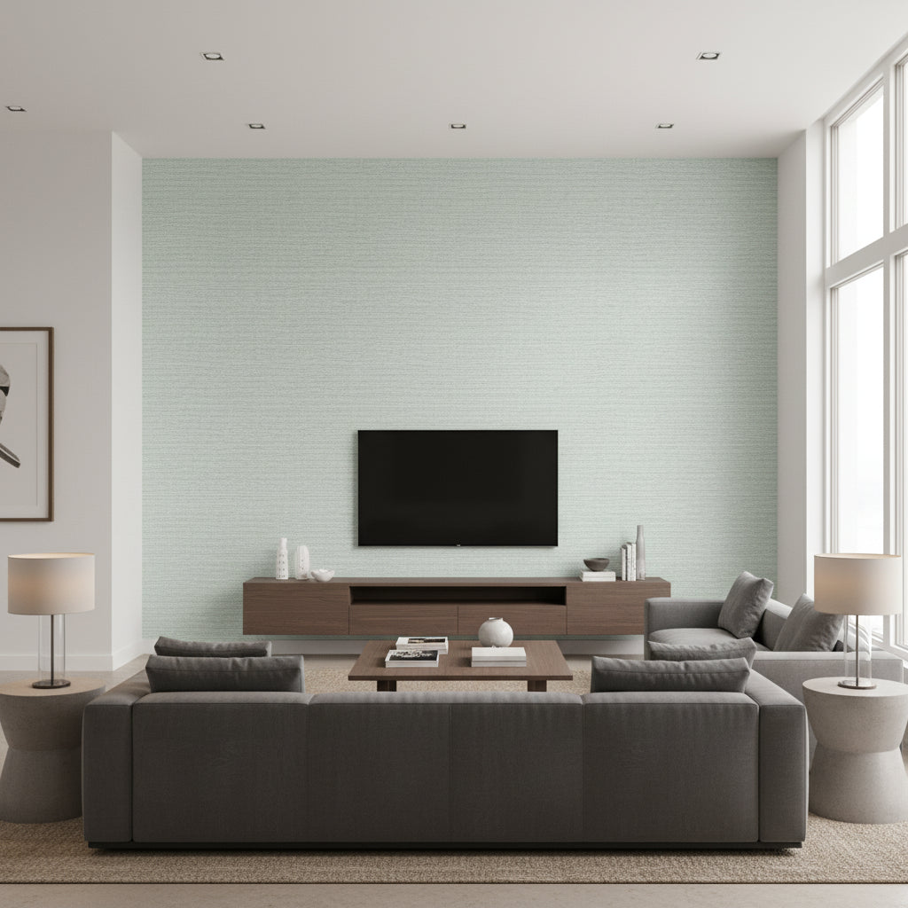 Prairie Weave Aqua | Thibaut - Living Room Visualization (AI-generated, may not be to scale. Verify pattern scale with product specifications.)
