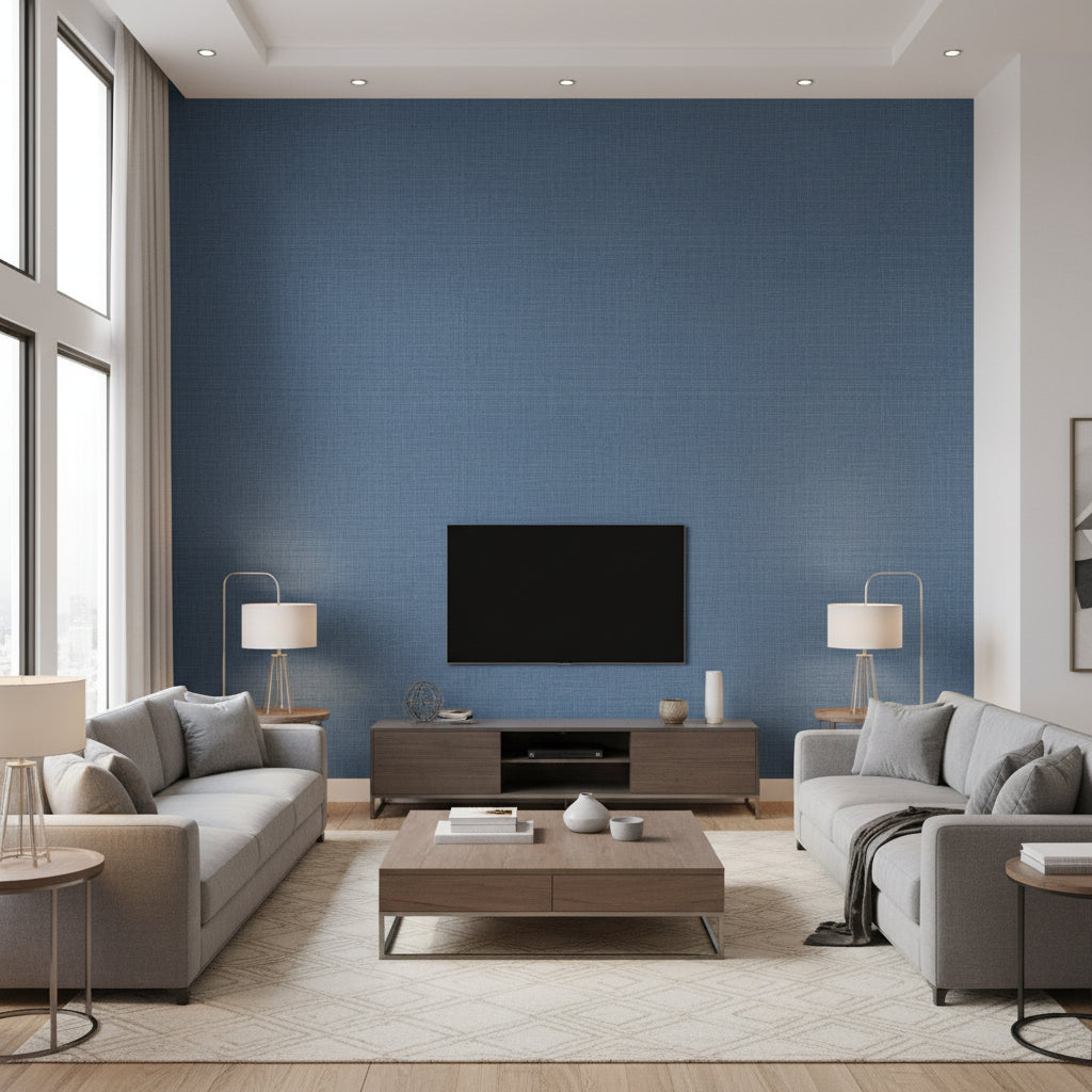 Fine Harvest Midnight Blue Midnight Blue | Thibaut - Living Room Visualization (AI-generated, may not be to scale. Verify pattern scale with product specifications.)