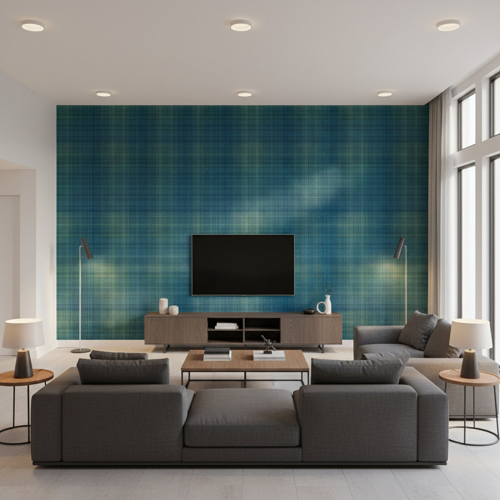 Inverness Navy and Green Navy and Green | Thibaut - Living Room Visualization (AI-generated, may not be to scale. Verify pattern scale with product specifications.)
