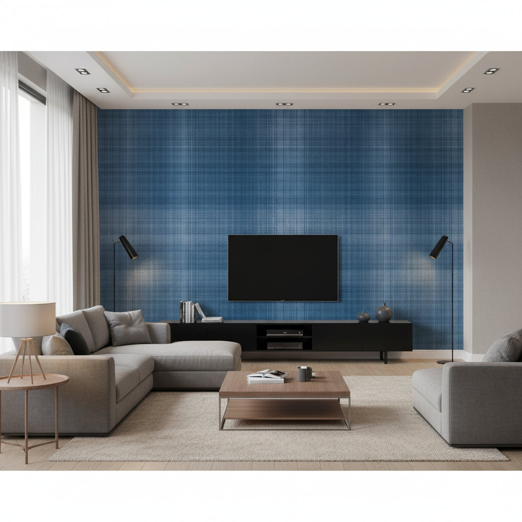 Inverness Blue Blue | Thibaut - Living Room Visualization (AI-generated, may not be to scale. Verify pattern scale with product specifications.)