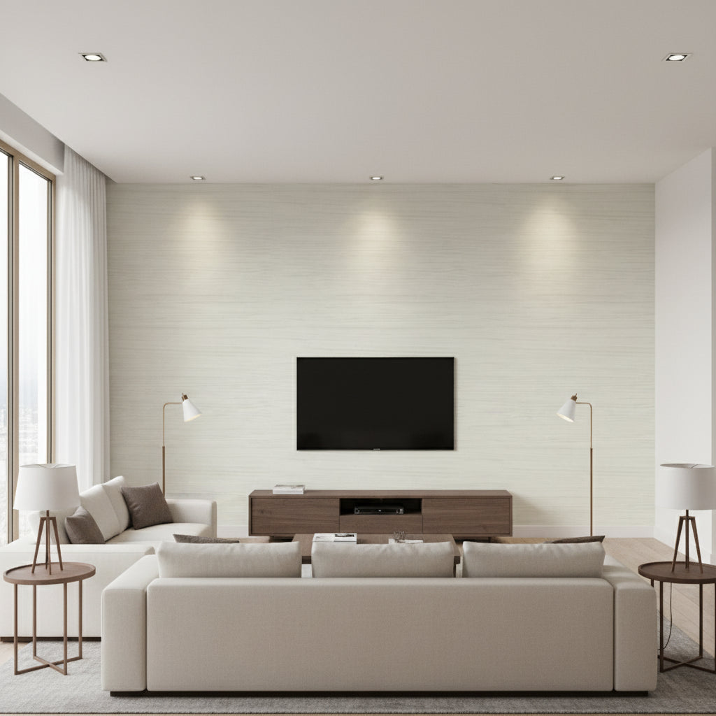 Woodrow Blonde | Thibaut - Living Room Visualization (AI-generated, may not be to scale. Verify pattern scale with product specifications.)