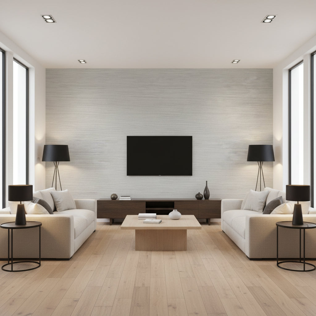 Woodrow Fog | Thibaut - Living Room Visualization (AI-generated, may not be to scale. Verify pattern scale with product specifications.)