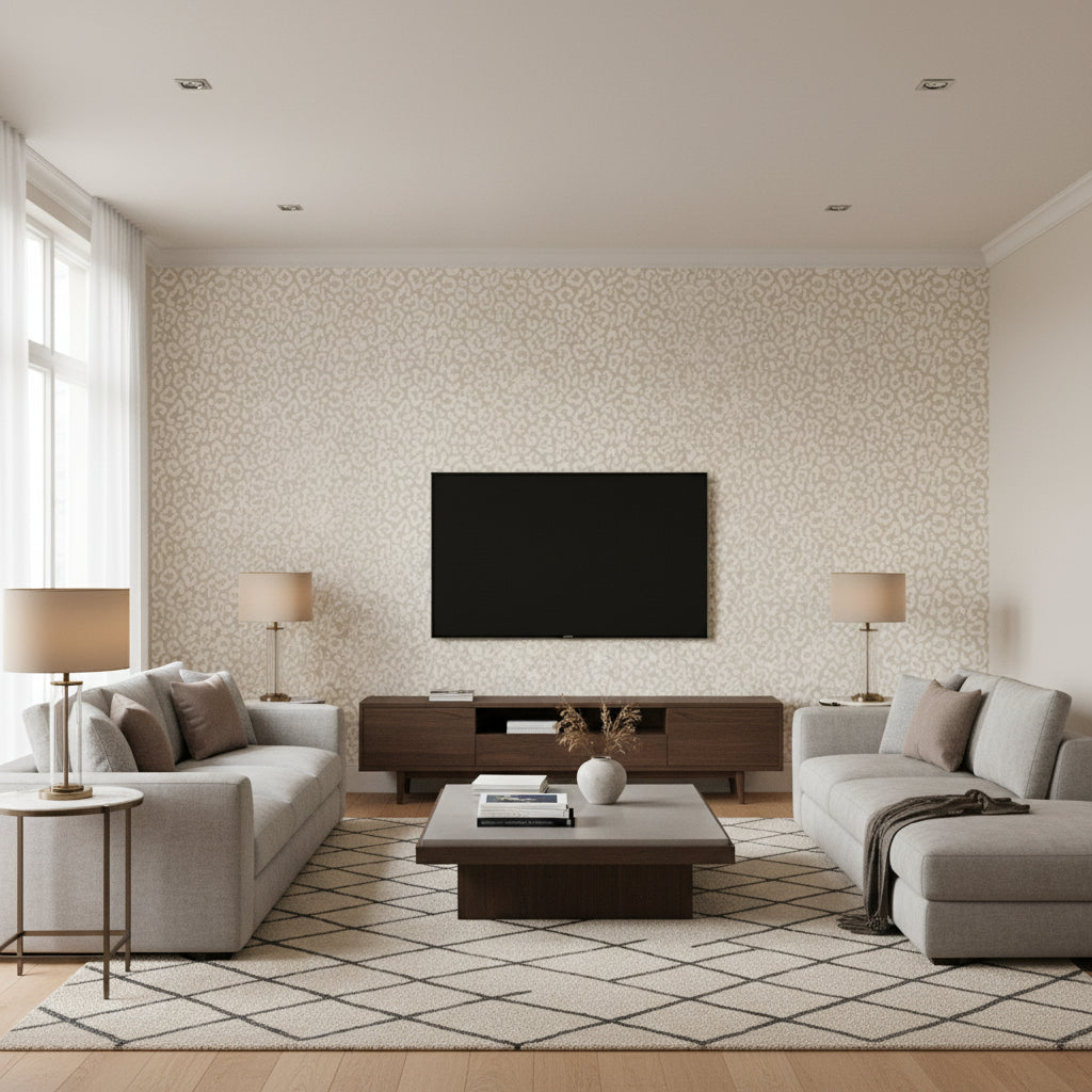 Javan Pearl Pearl | Thibaut - Living Room Visualization (AI-generated, may not be to scale. Verify pattern scale with product specifications.)
