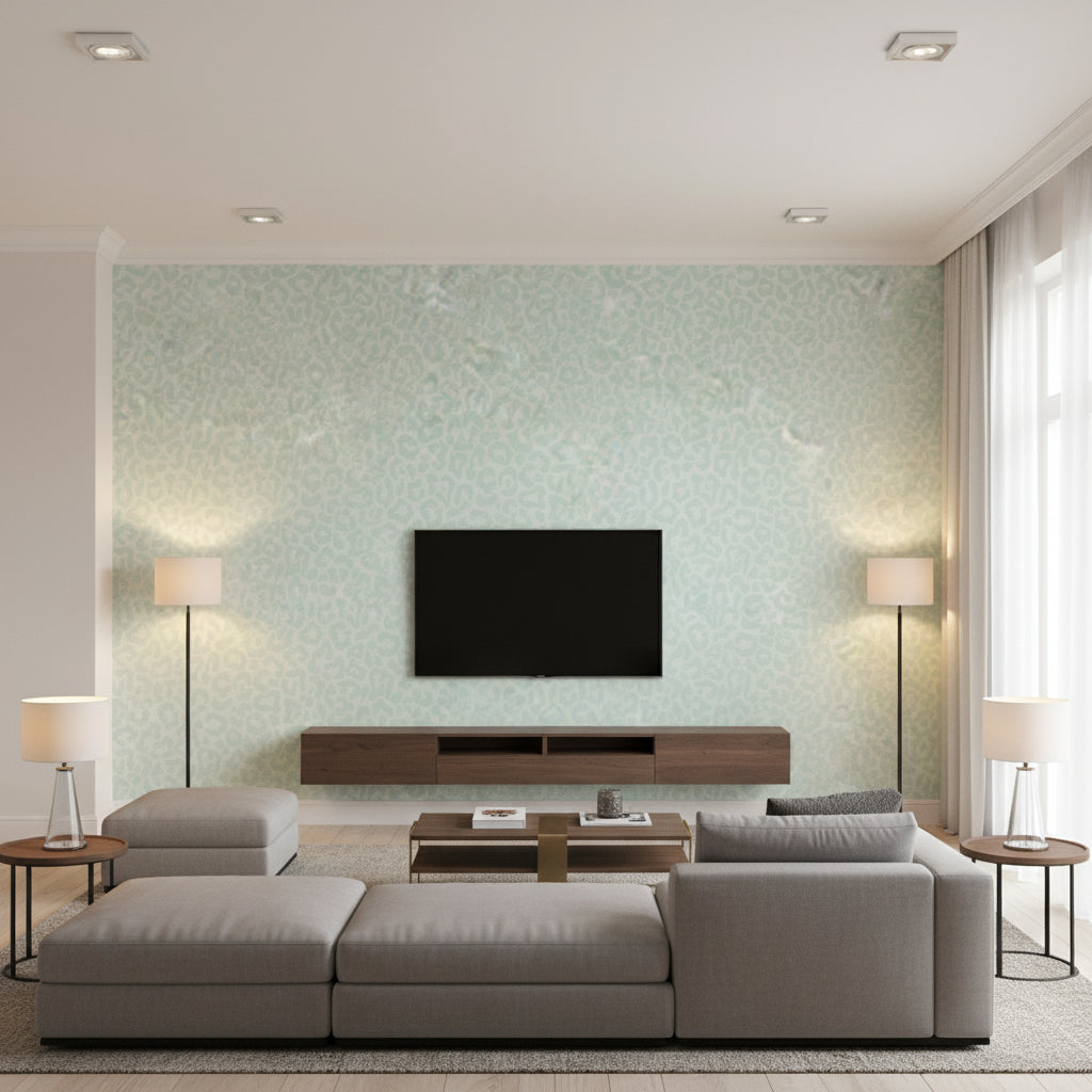 Javan Aqua Aqua | Thibaut - Living Room Visualization (AI-generated, may not be to scale. Verify pattern scale with product specifications.)