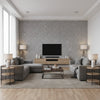 Wallcoverings Silver Silver | Thibaut - Living Room Visualization (AI-generated, may not be to scale. Verify pattern scale with product specifications.)