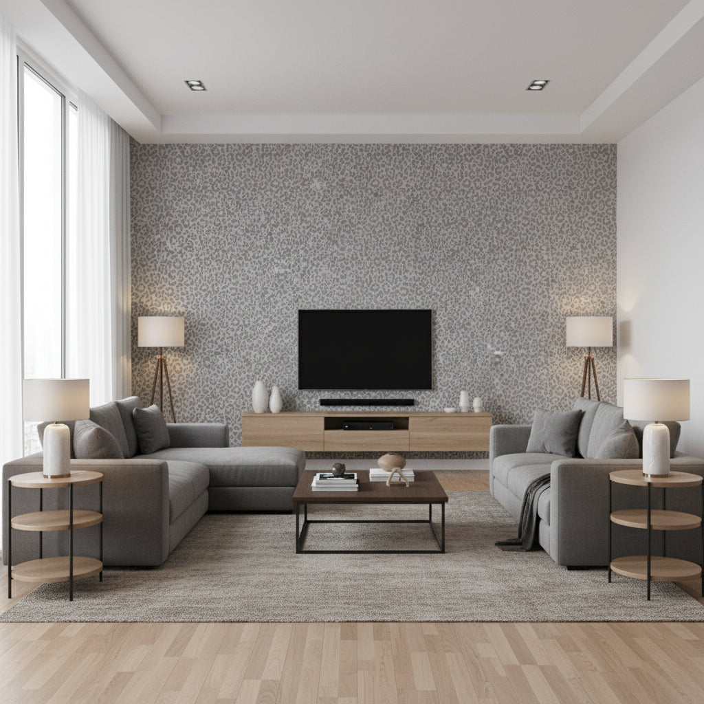 Wallcoverings Silver Silver | Thibaut - Living Room Visualization (AI-generated, may not be to scale. Verify pattern scale with product specifications.)