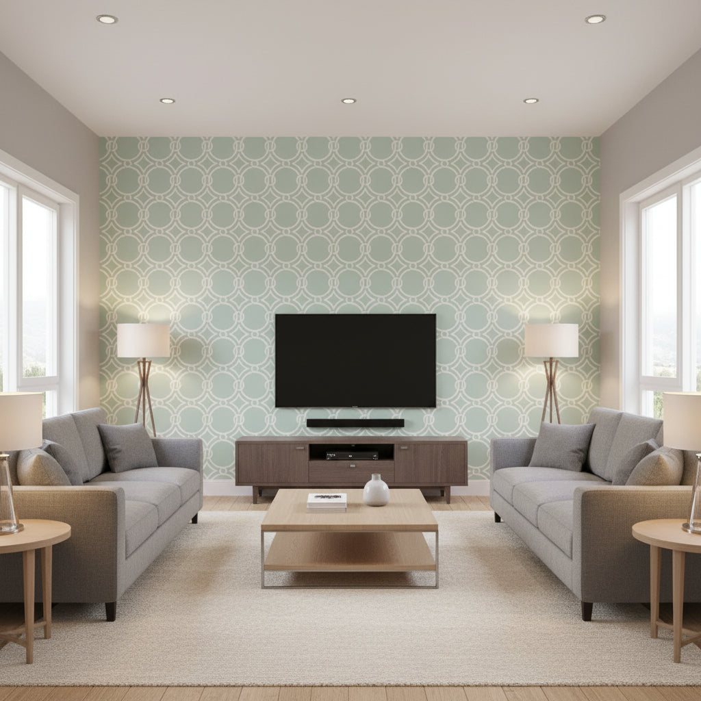 Gilon Aqua Aqua | Thibaut - Living Room Visualization (AI-generated, may not be to scale. Verify pattern scale with product specifications.)