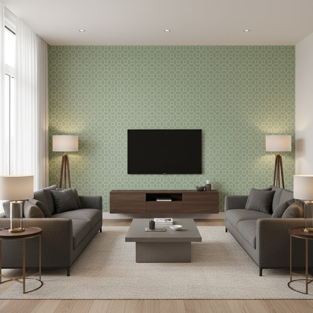 Farris Metallic Gold on Mineral seafoam green | Thibaut - Living Room Visualization (AI-generated, may not be to scale. Verify pattern scale with product specifications.)