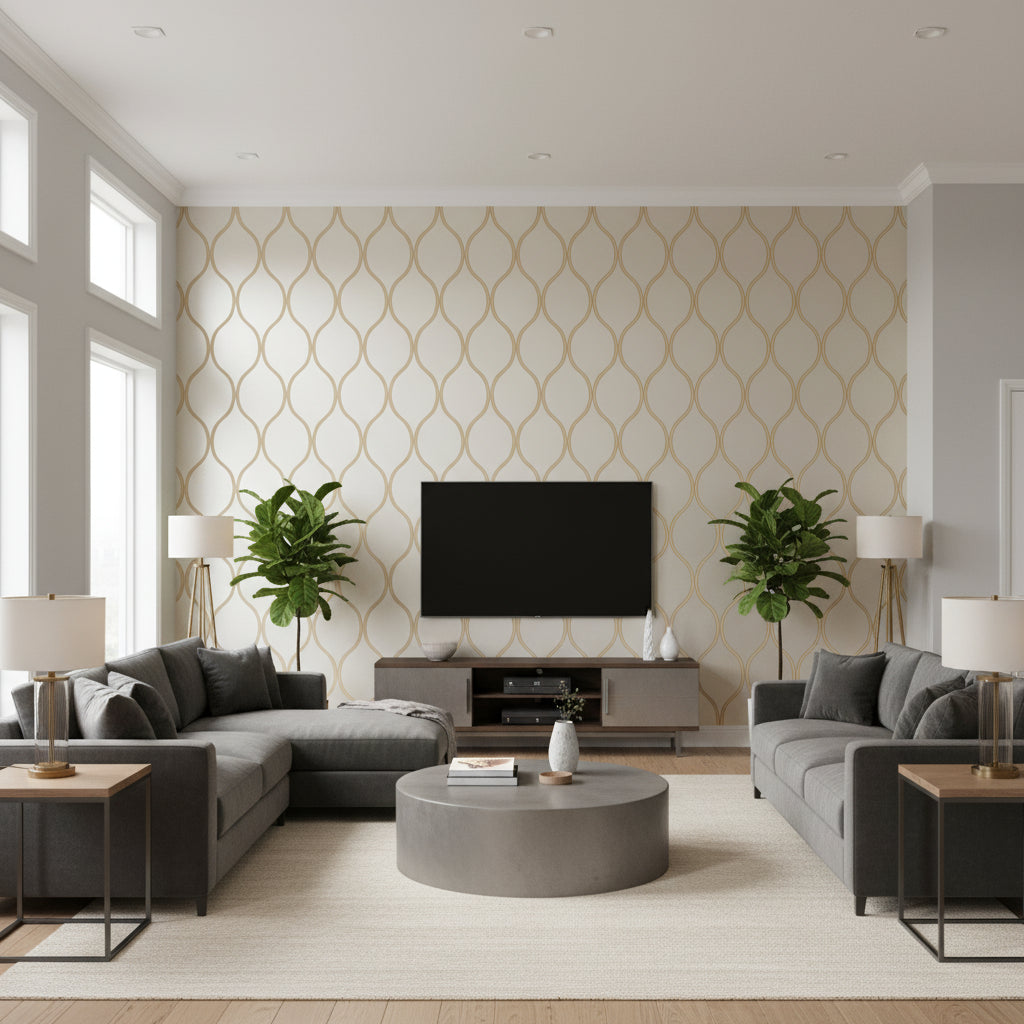 Aldora Silver ivory | Thibaut - Living Room Visualization (AI-generated, may not be to scale. Verify pattern scale with product specifications.)
