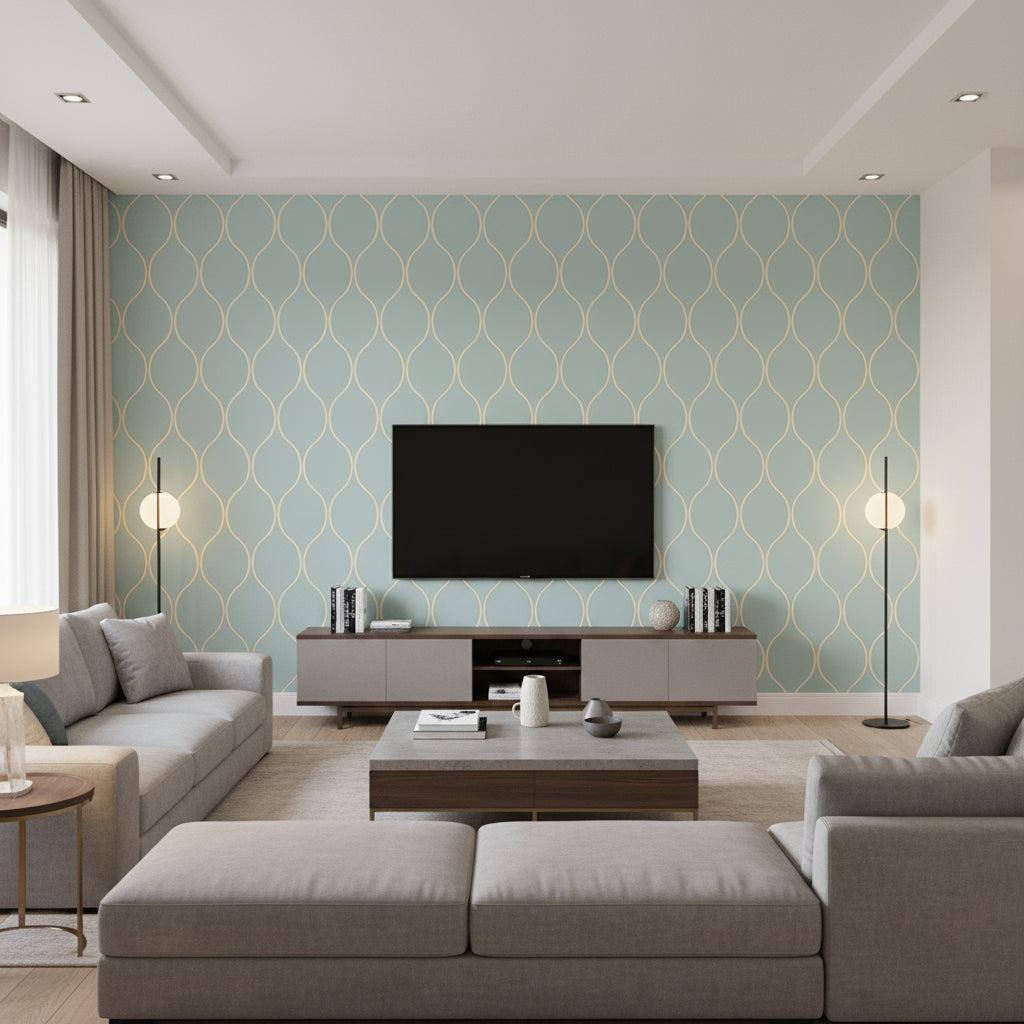 Aldora Mineral Blue Mineral Blue | Thibaut - Living Room Visualization (AI-generated, may not be to scale. Verify pattern scale with product specifications.)