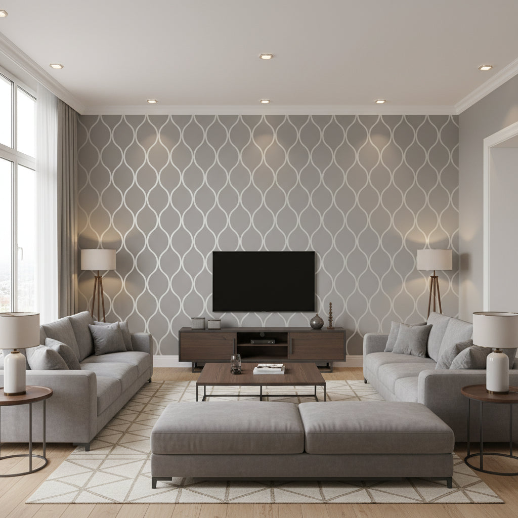 Aldora Charcoal Charcoal | Thibaut - Living Room Visualization (AI-generated, may not be to scale. Verify pattern scale with product specifications.)