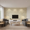Aldora Champagne Pearl Champagne Pearl | Thibaut - Living Room Visualization (AI-generated, may not be to scale. Verify pattern scale with product specifications.)