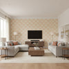 Kendall Coral on Cream ivory | Thibaut - Living Room Visualization (AI-generated, may not be to scale. Verify pattern scale with product specifications.)