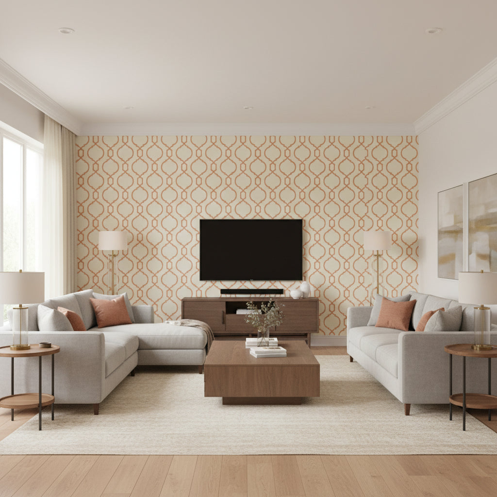 Kendall Coral on Cream ivory | Thibaut - Living Room Visualization (AI-generated, may not be to scale. Verify pattern scale with product specifications.)