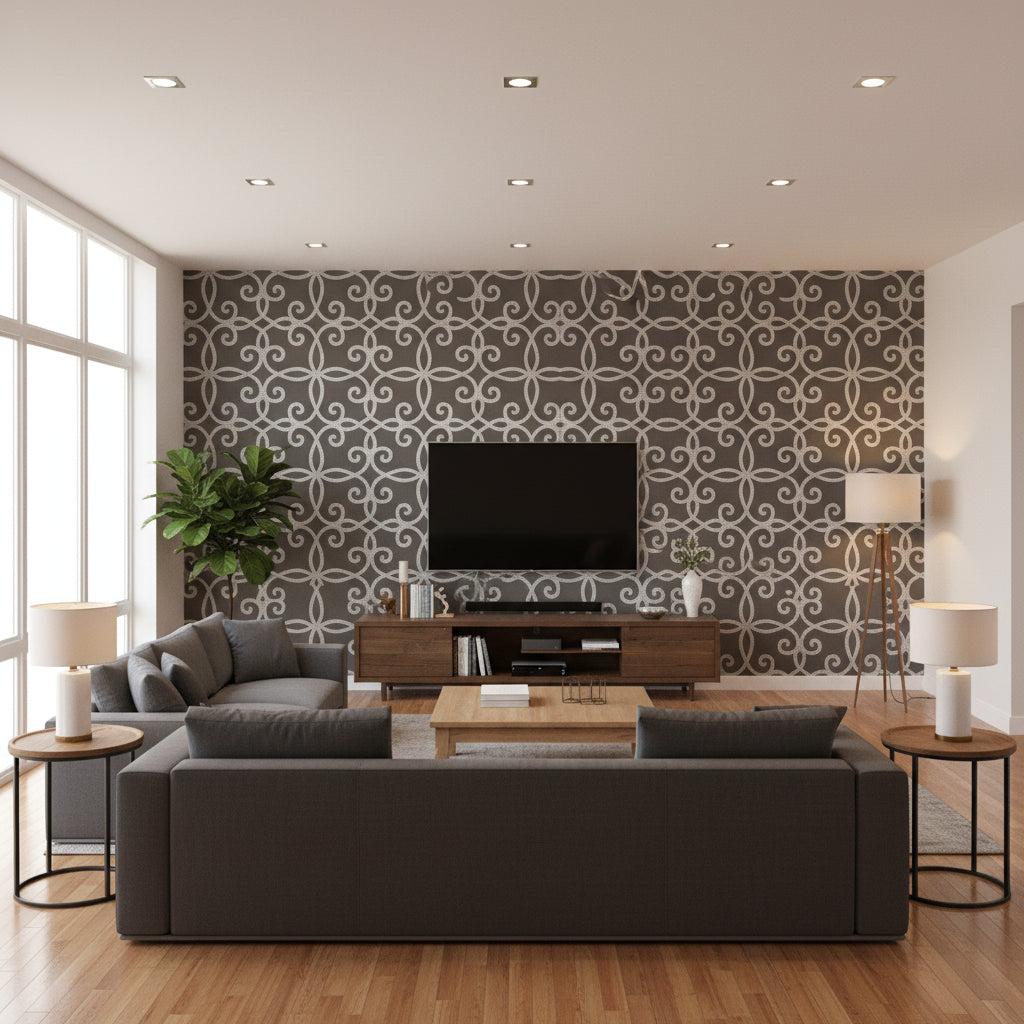 Kendall Charcoal taupe | Thibaut - Living Room Visualization (AI-generated, may not be to scale. Verify pattern scale with product specifications.)