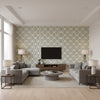 Cortney Blue on Cream Blue on Cream | Thibaut - Living Room Visualization (AI-generated, may not be to scale. Verify pattern scale with product specifications.)
