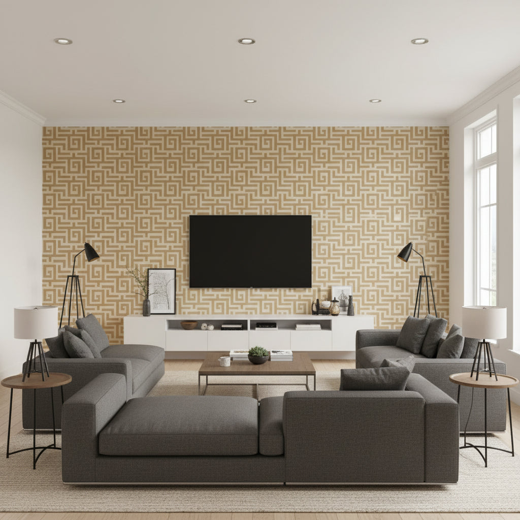 Tulum Wheat | Thibaut - Living Room Visualization (AI-generated, may not be to scale. Verify pattern scale with product specifications.)