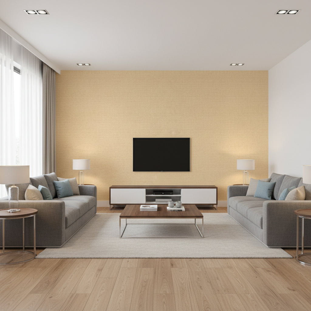 Coastal Sisal Straw Straw | Thibaut - Living Room Visualization (AI-generated, may not be to scale. Verify pattern scale with product specifications.)
