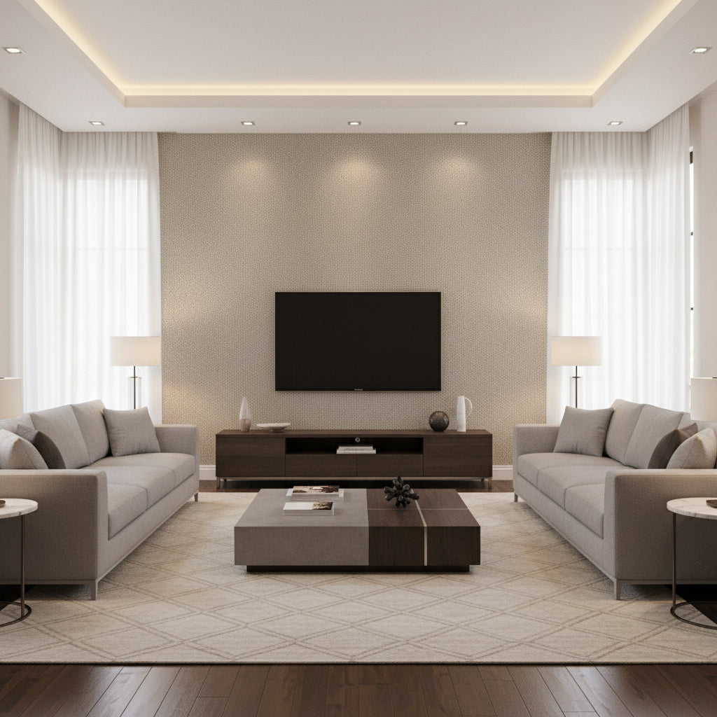 Minerals Grey Grey | Thibaut - Living Room Visualization (AI-generated, may not be to scale. Verify pattern scale with product specifications.)
