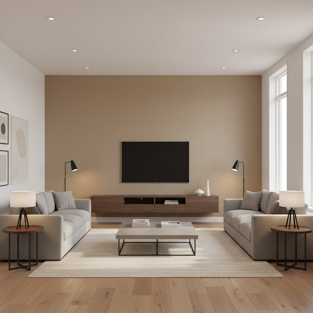 Minerals Bronze beige | Thibaut - Living Room Visualization (AI-generated, may not be to scale. Verify pattern scale with product specifications.)