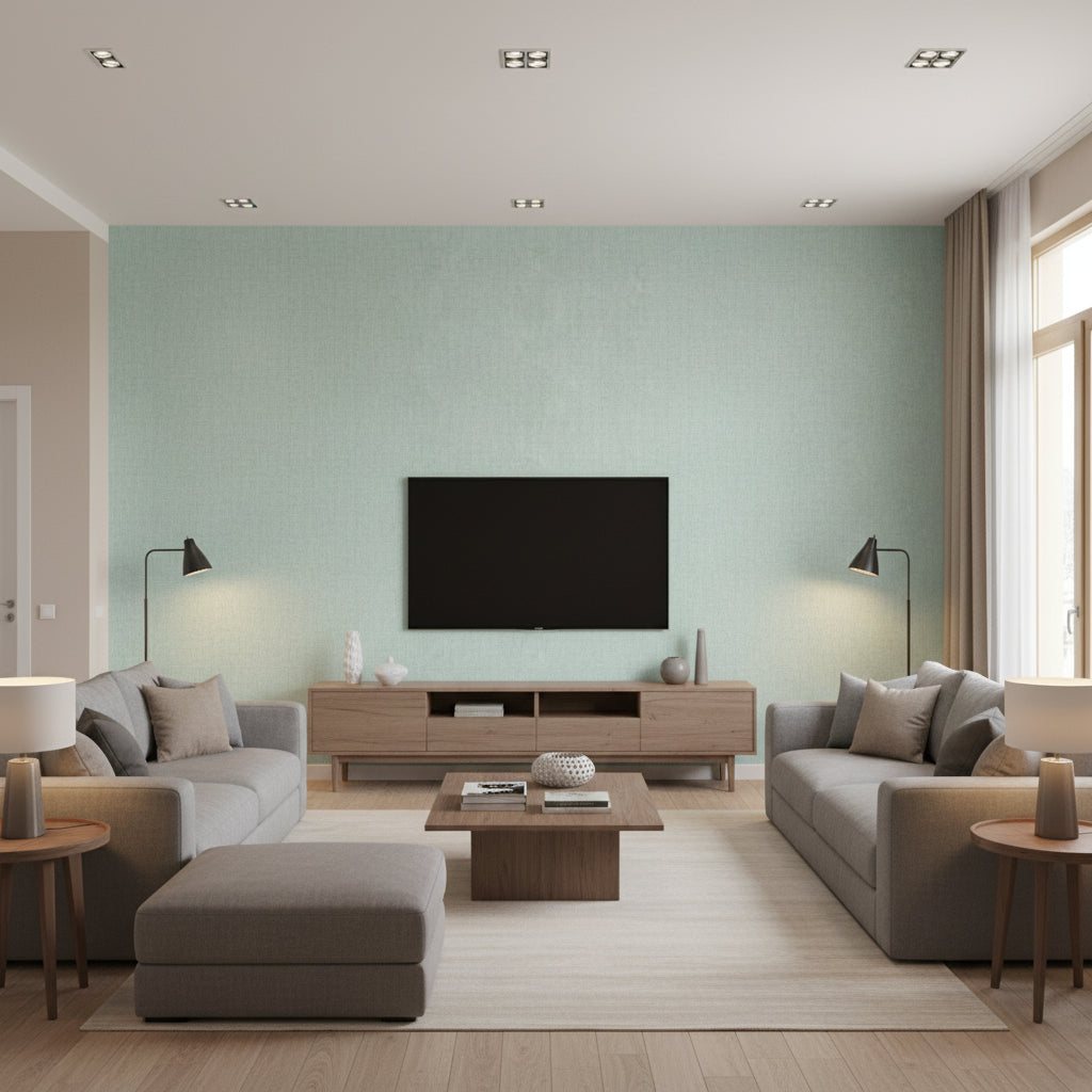 Flanders Aqua Aqua | Thibaut - Living Room Visualization (AI-generated, may not be to scale. Verify pattern scale with product specifications.)