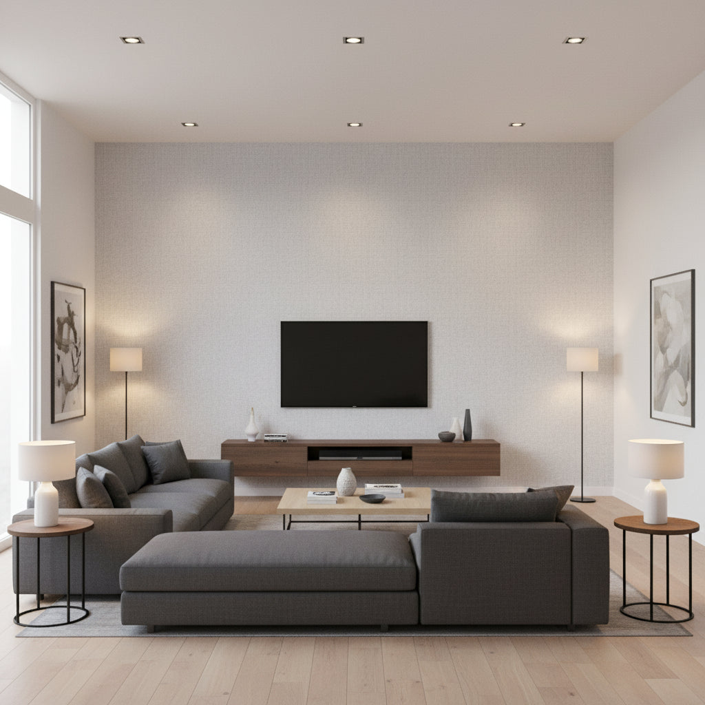Flanders Slate Slate | Thibaut - Living Room Visualization (AI-generated, may not be to scale. Verify pattern scale with product specifications.)