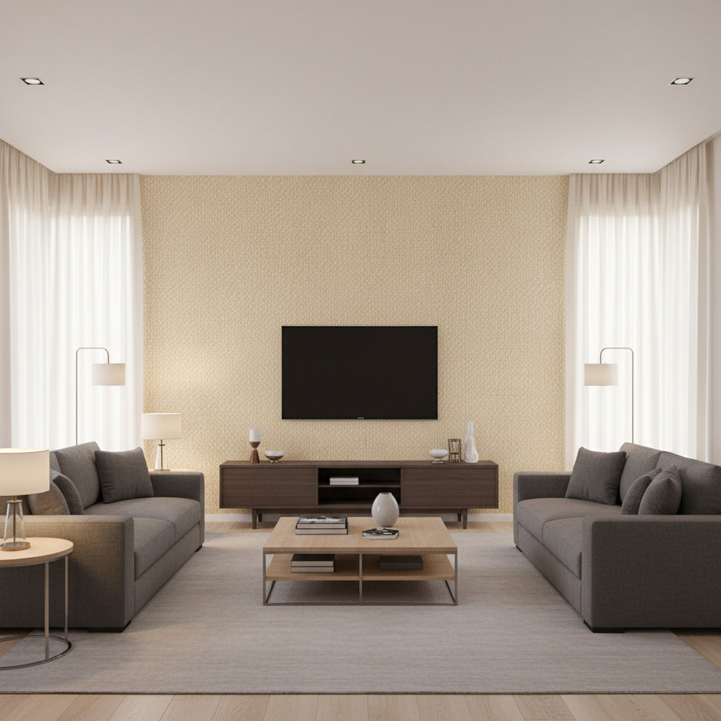 Monaco Cream Cream | Thibaut - Living Room Visualization (AI-generated, may not be to scale. Verify pattern scale with product specifications.)