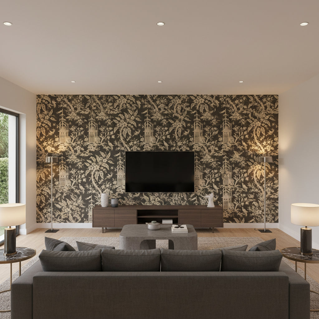 Trelawny Damask Charcoal Charcoal | Thibaut - Living Room Visualization (AI-generated, may not be to scale. Verify pattern scale with product specifications.)