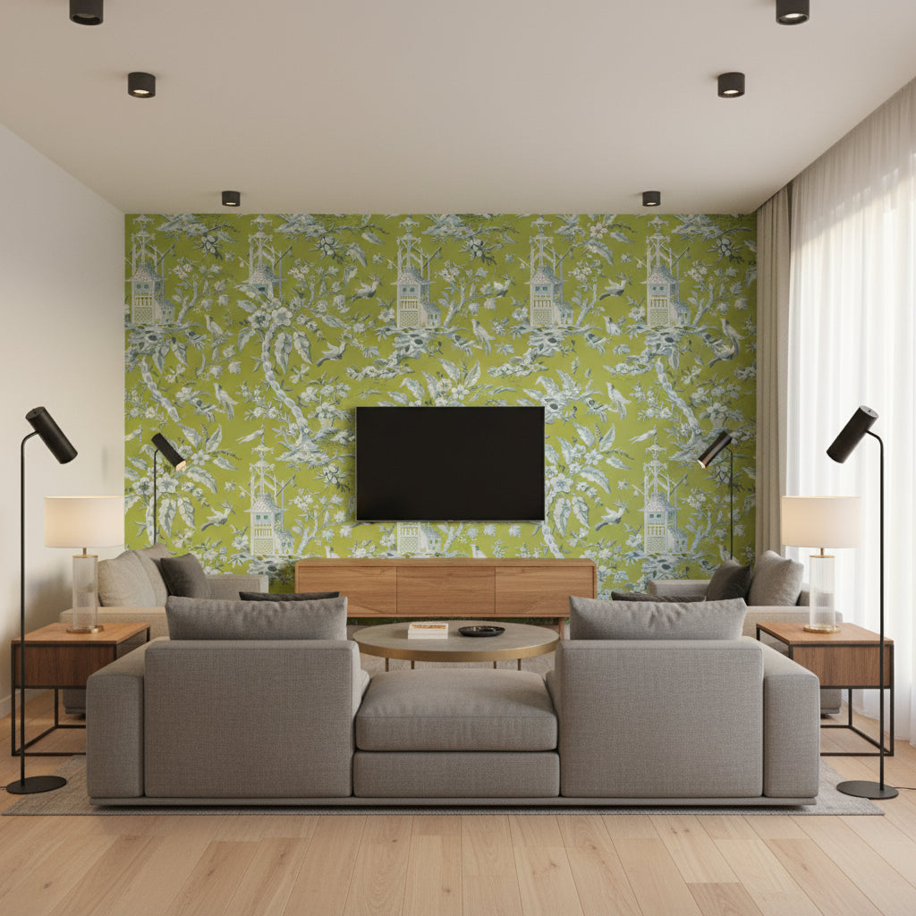 Trelawny Damask Green Green | Thibaut - Living Room Visualization (AI-generated, may not be to scale. Verify pattern scale with product specifications.)