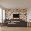 Andreas Stripe Blue and Coral Blue and Coral | Thibaut - Living Room Visualization (AI-generated, may not be to scale. Verify pattern scale with product specifications.)