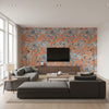 Andreas Stripe Coral and Turquoise Coral and Turquoise | Thibaut - Living Room Visualization (AI-generated, may not be to scale. Verify pattern scale with product specifications.)