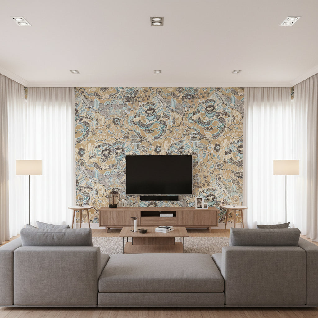 Andreas Stripe Aqua and Beige Aqua and Beige | Thibaut - Living Room Visualization (AI-generated, may not be to scale. Verify pattern scale with product specifications.)