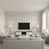 Andreas Stripe Navy Navy | Thibaut - Living Room Visualization (AI-generated, may not be to scale. Verify pattern scale with product specifications.)